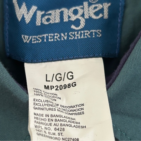 Men’s Large Wrangler Teal Western Shirt 100% Cotton - Picture 4 of 5